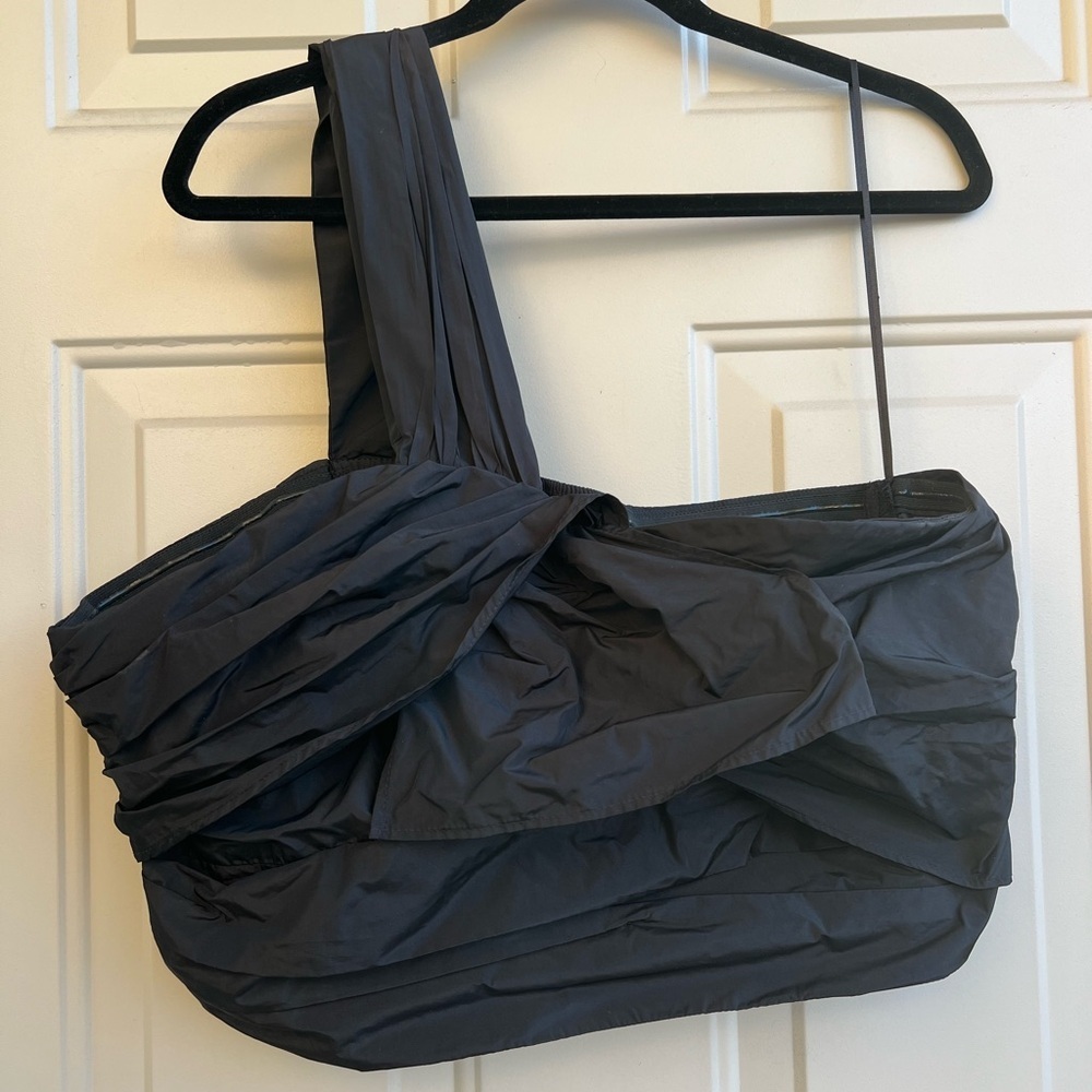 Anthropologie 12W Black One-Shoulder Party Top Draped Evening Cropped
